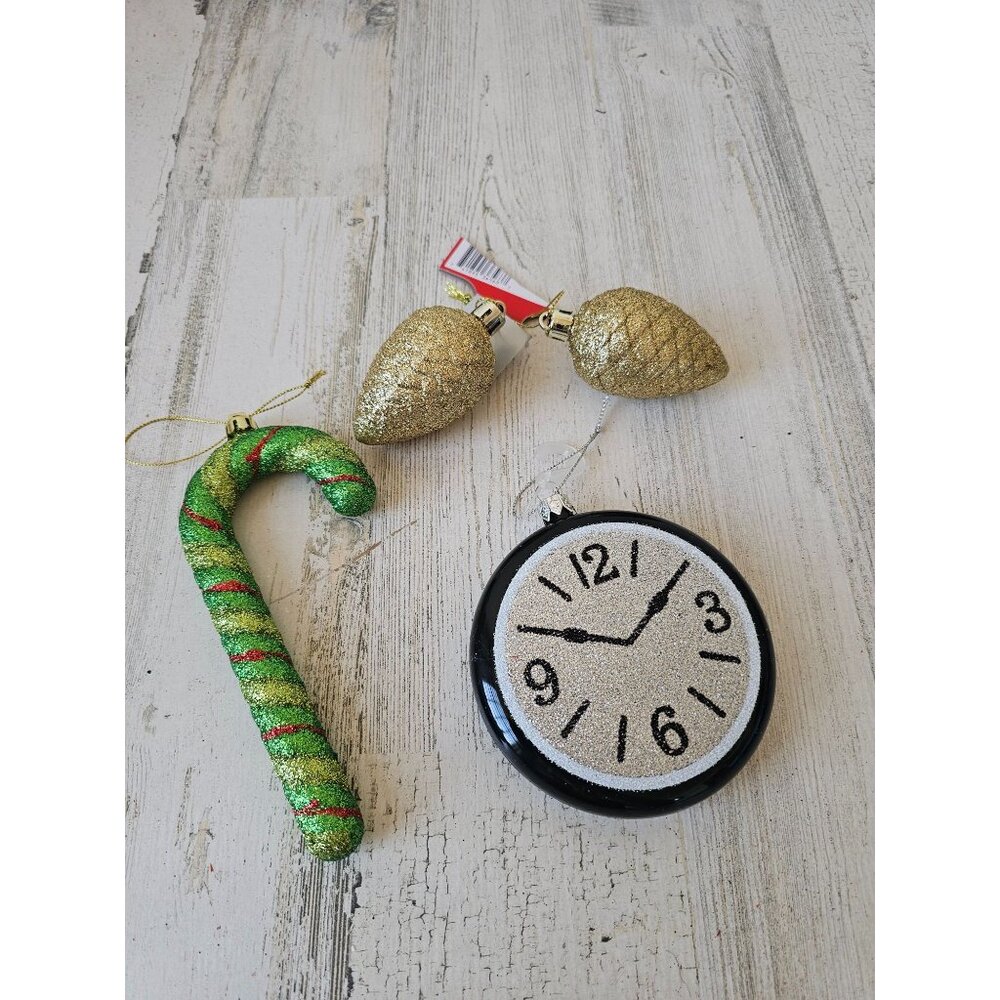 Candy cane clock acorn ornament glitter sparkle gold green shatterproof